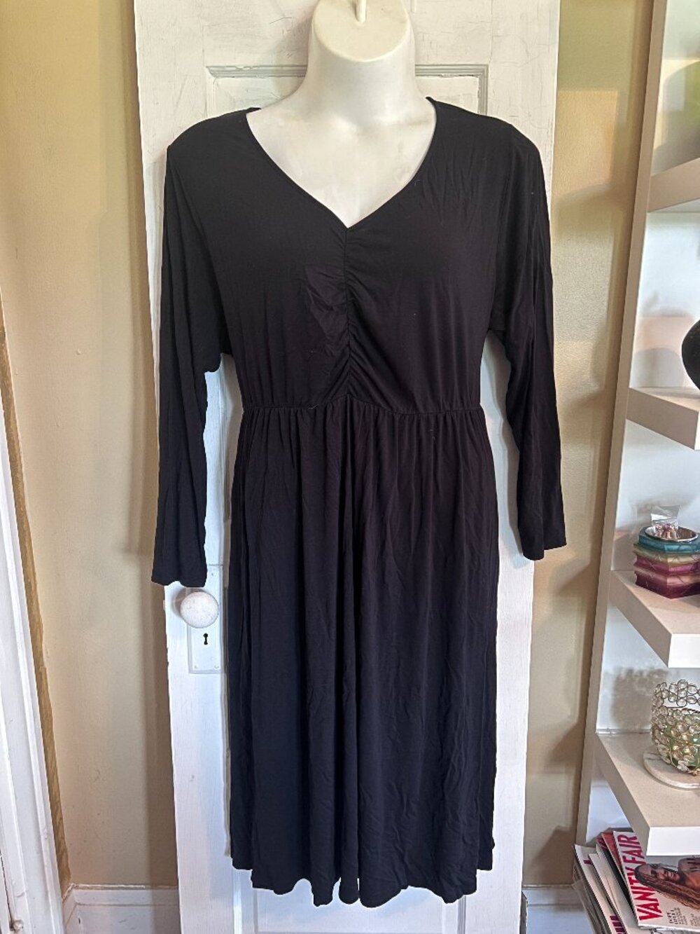 Solid Black Ava & Viv Three-quarter Sleeve Pullover Knit Midi Dress - 3X